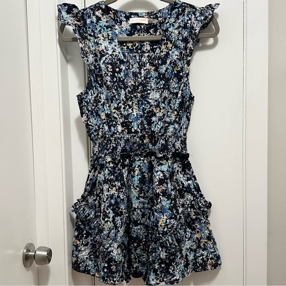 Ramy Brook V-neck Floral Bloom Printed Jessie Mini Dress M blue ruffle fit flare - Picture 1 of 9
